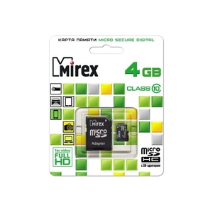 microSDHC 4Gb - Mirex - Micro Secure Digital HC Class 10 13613-AD10SD04 с переходником под SD